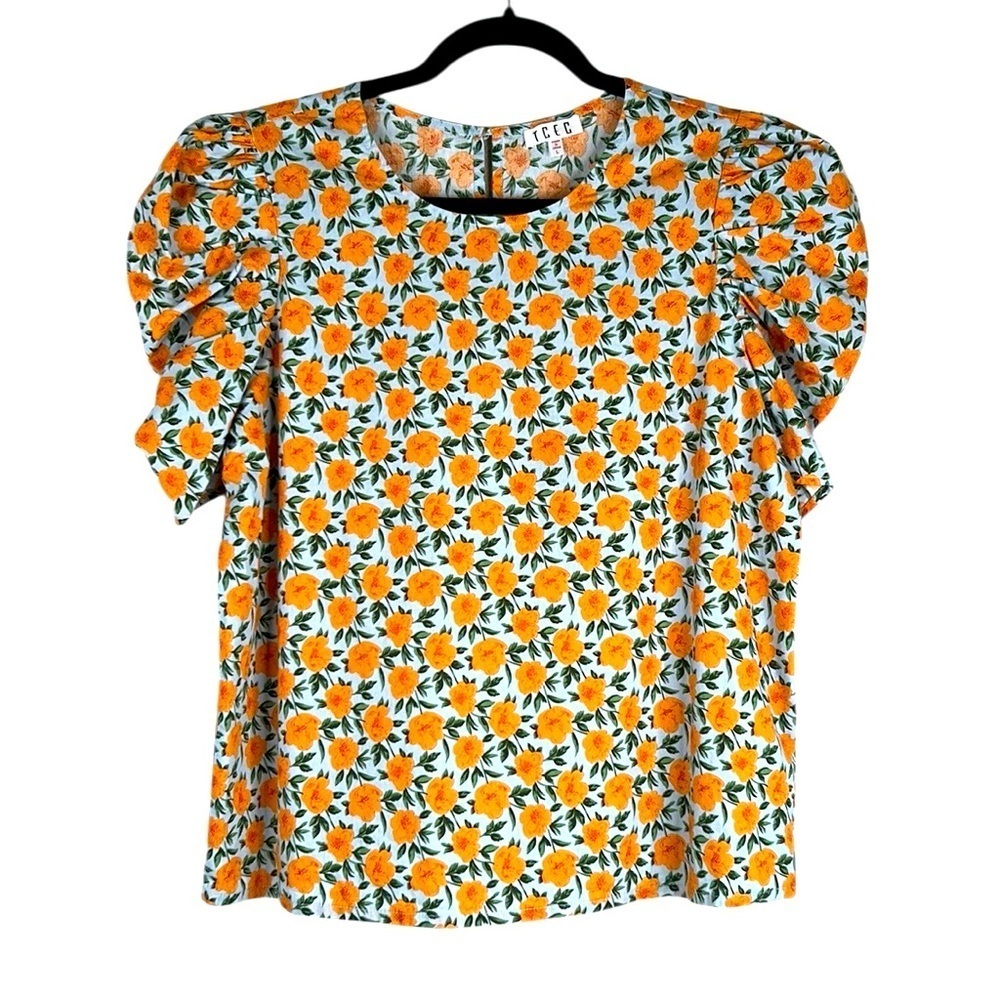 TCEC Blue & Orange Floral Cottagecore Romantic Casual Career Top Size Large